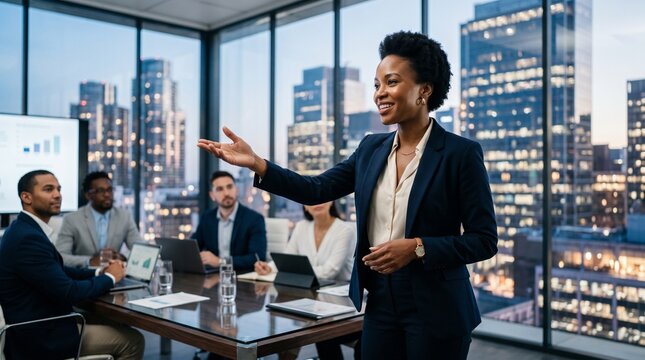 Professional african american businesswoman leading a collaborative corporate meeting while gesturing confidently towards her diverse team members in a modern high rise city office building interior