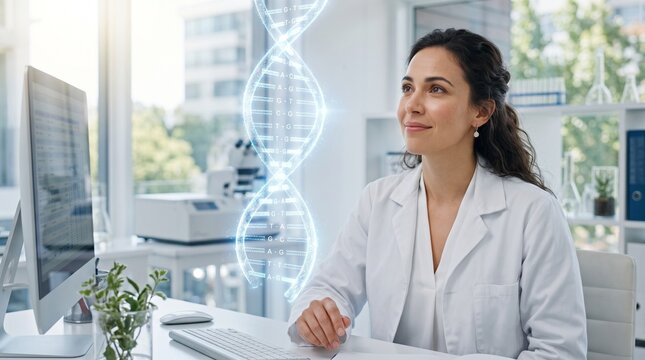 Professional female scientist looking at a glowing holographic dna strand model while sitting at her bright laboratory workstation in front of a modern desktop computer screen