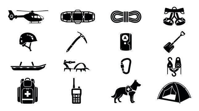 Mountain Rescue Equipment Silhouette Collection Set with Helicopter, Ice Axe, Climbing Gear, Tent and Emergency Icons,  mountain, rescue, alpine, climbing, mountaineering, helicopter, stretcher, rope.