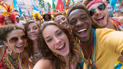 Fototapeta premium Group of Friends Take Selfie During Colorful Street Parade in Urban Setting With Vibrant Costumes and Joyful Atmosphere