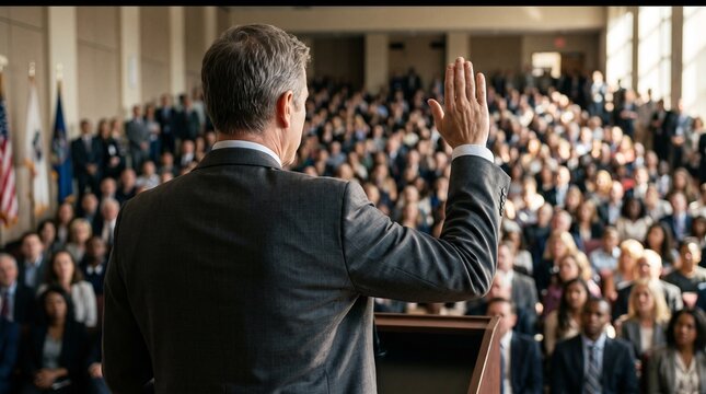 Mature politician wearing a sharp grey suit stands at a wooden podium while raising his right hand to take a solemn oath before a large crowd
