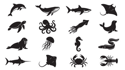 Marine Life Silhouette Collection with Ocean Animals Sea Creatures Vector Icon Set, marine, ocean, sea, aquatic, wildlife, silhouette, vector, icon, collection, dolphin, whale © MasterTech