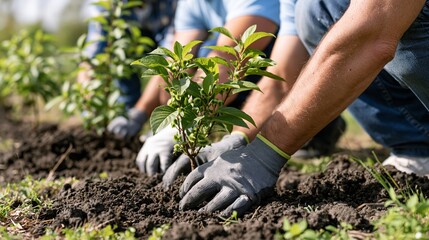 Fototapeta premium Friends Work Together on a Team Project to Plant Young Trees in a Green Park for Environmental Conservation