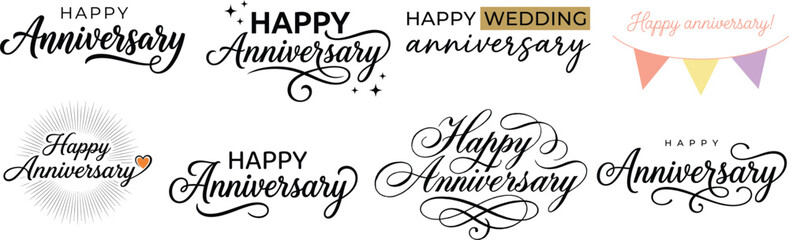 Selection of elegant happy anniversary lettering typography designs for greeting card event. © Zuyel