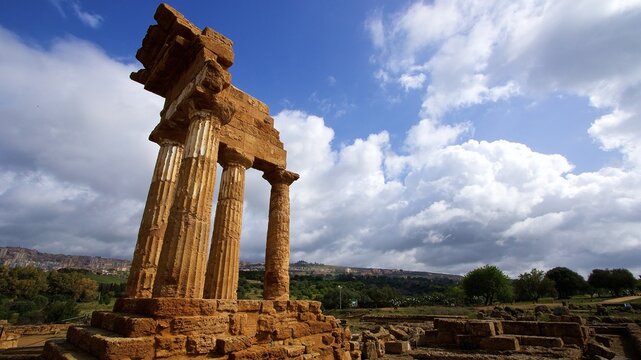 Super wide angle shot, columns, chapter, entablature, corner of a temple, post-thunderstorm mood, temple of Dioscuri, valley of the temples, valle dei templi, Agrigento, Sicily, Italy