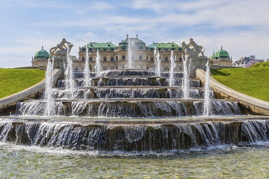 Fountains and cascades in the Belvedere Garden, behind the upper Baroque Belvedere Palace, Vienna, Austria