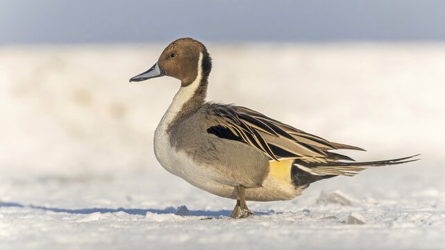 Pintail (Anas acuta) sitting, frost and ice on feathers, iced, distress, lack of food, portrait, winter, hunting, fishing, sunrise, morning light, Hortob&aacute;gyi Nemzeti Park, Hungary