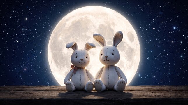 Two adorable handmade white fabric bunnies sitting together on a weathered wooden surface under the glowing light of a massive bright full moon at night