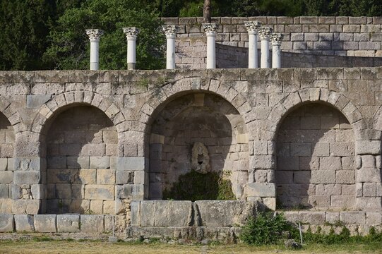 Three walkways with columns above, surrounded by wooded nature, Arcade, Lower Terrace, Pan, Asklipion, Asklepieion, Healing Temple, Temple, Hippocrates, Kos, Dodecanese, Greek Islands, Greece