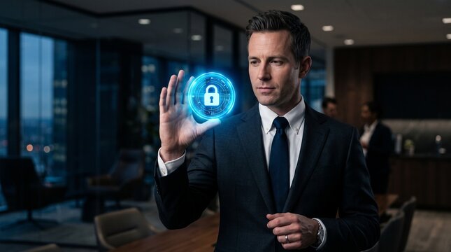 Professional businessman in a dark suit interacting with a glowing digital padlock interface that represents advanced cyber security measures within a modern corporate office environment