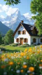 Obraz premium White cottage with wooden shutters sits in meadow of yellow wildflowers. Lush green trees and snowy mountains form backdrop. Bright summer day scene offers peaceful escape.