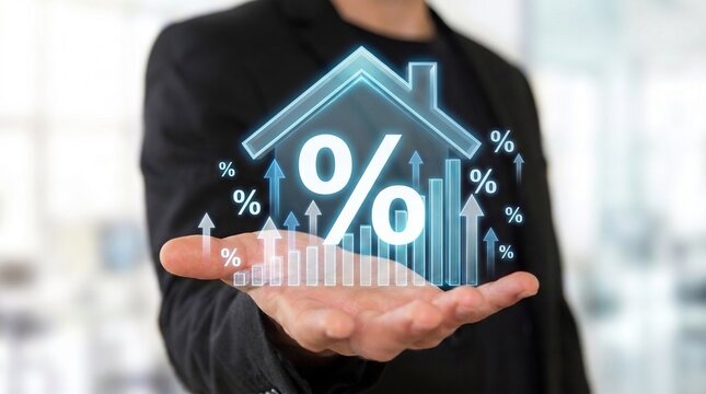 real estate mortgage and interest rate concept. businessman holding virtual house icon with percentage sign and rising growth charts, property investment analysis and financial market trends for home 