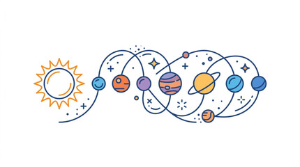 Stylized Solar System with Sun and Planets Orbiting. © skuy