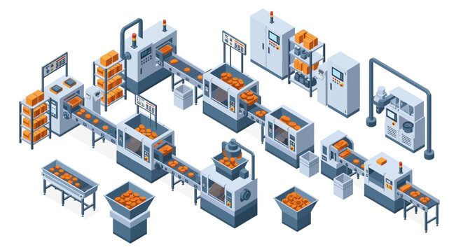 Modern automated factory assembly line with robotic machinery.