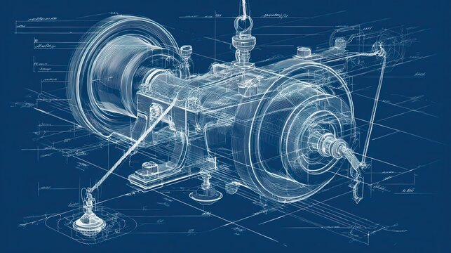 Blueprint diagram of a pulley system with wheels and hanging weights. AI generated image