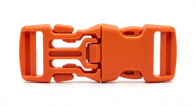 Minimalist vibrant orange plastic quick-release buckle for hydration vest sternum straps. Ultralight trail running hardware isolated on white.