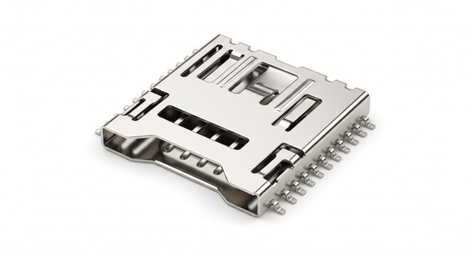 Ultra-thin stamped stainless steel surface-mount Micro-SD card reader shield with a bright nickel finish. Micro-electronic hardware isolated on white.