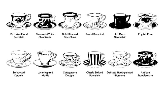 Vintage tea cups vector set with twelve elegant antique porcelain teacups featuring floral classic and decorative patterns isolated on white background
