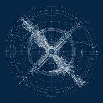 Blueprint illustration of a spinning gyroscope with axle and rings,. AI generated image
