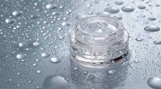 A clear jar of translucent gel sits on a cool, gray surface speckled with water droplets.  The gel's consistency is evident