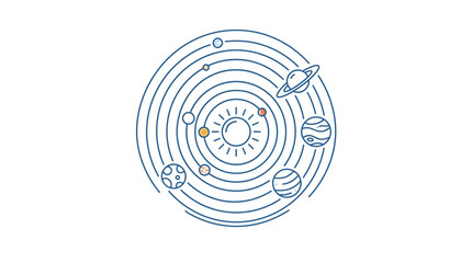 Stylized illustration of the solar system with planets orbiting the sun. © dips