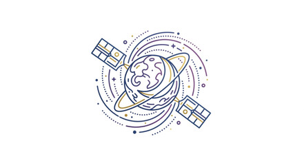 Stylized Earth with Orbiting Satellites and Swirling Galaxy. © dips