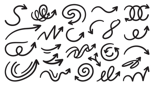 Hand-drawn doodle arrow set infinity loop double direction wave black
