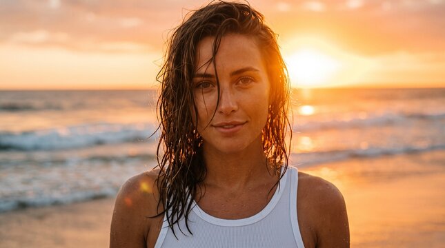 Beautiful young woman with wet hair posing gracefully on a tropical beach during a vibrant golden hour sunset with soft natural lighting and warm glowing tones.