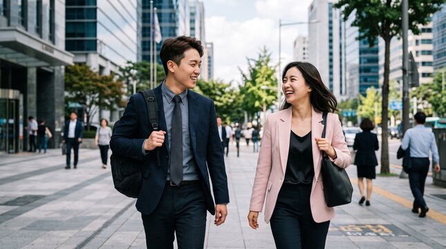 Young professional asian man and woman walking together on city sidewalk while laughing and sharing a lighthearted moment during their daily morning commute to work