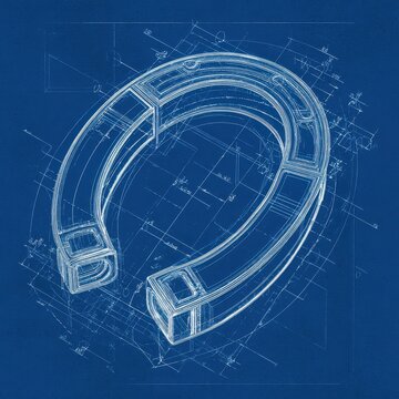 Blueprint diagram of a horseshoe magnet wrapped with wire coil. AI generated image