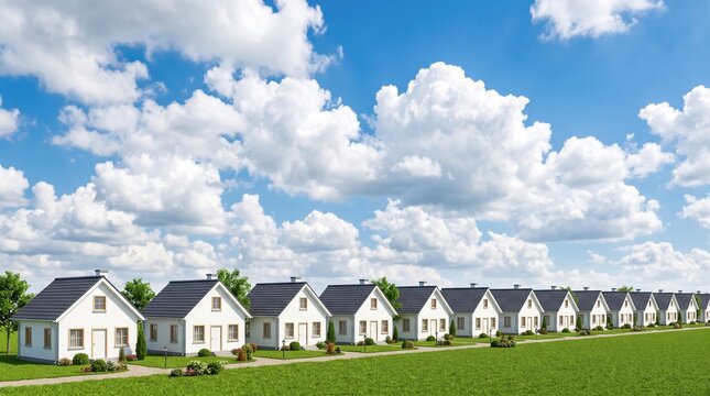 A long row of identical white suburban houses with dark grey roofs sits neatly on a vibrant green lawn under a bright blue summer sky above