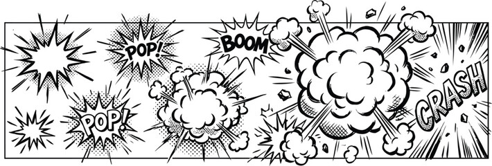 A black and white comic strip illustration featuring various explosion effects isolated on a white background. © Sadik Lisan