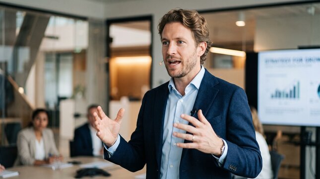 Confident professional speaker presenting business strategy to colleagues while wearing a lapel microphone in a bright modern office setting with soft natural lighting and blurred background