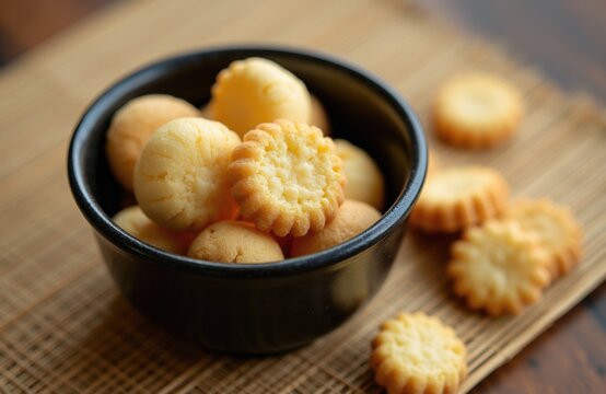 Polvilho biscuit assortment in black bowl on bamboo mat. Small round crackers and puffs served as snack. Tasty gluten-free baked goods for tea time.