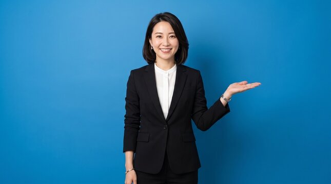 Professional asian businesswoman in a black suit standing against a bright blue background while gesturing with her open hand to display a space for advertisement