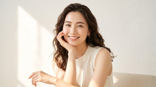 Beautiful young japanese woman with wavy dark hair smiling brightly while posing naturally in a bright room with soft sunlight hitting her face and white clothing