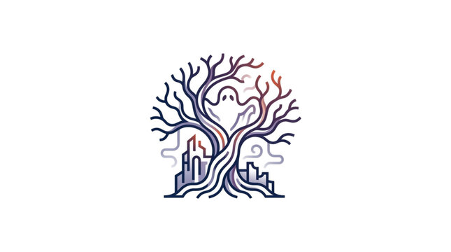 Spooky Ghost Tree with City Silhouette Illustration.