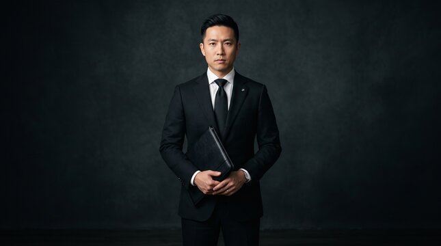 Professional asian businessman wearing a sharp black suit and white shirt holds a leather portfolio while standing confidently against a dark textured grey studio backdrop