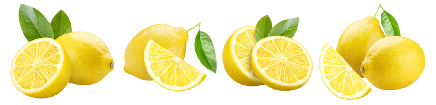 Set of fresh whole and sliced lemons with green leaves, isolated on transparent cutout background