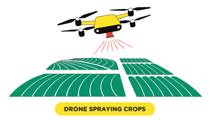 Very beautiful realistic vector illustration of a drone spraying crops over green farmland with a bold label reading "DRONE SPRAYING CROPS", isolated on white background. © ehsanollah