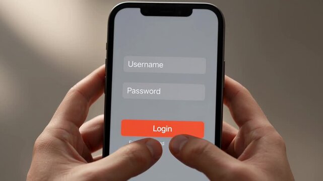 Smartphone Login Screen on Device Held by Hands Showing Username Password Fields and Buttons for Sign