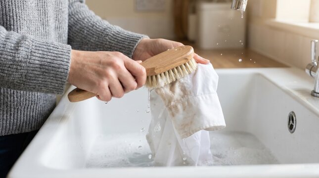 Hands using wooden brush to scrub tough stain on white shirt in soapy water inside ceramic sink