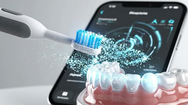 Smart Toothbrush In Action On A Dental Model With Smartphone Displaying Oral Health Concept And Innovative Care Technology