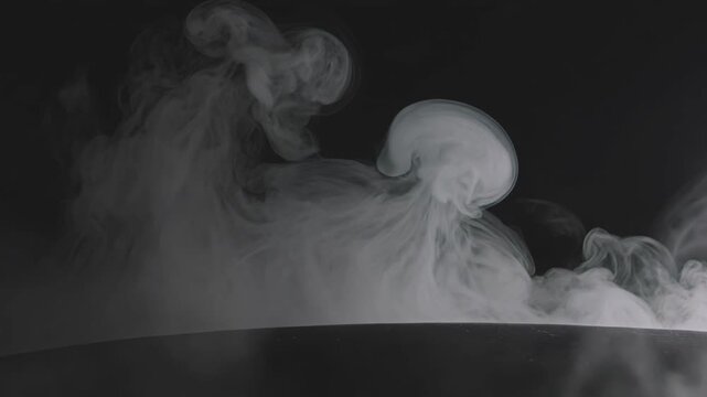 Slow motion of steam and smoke curling against black background
