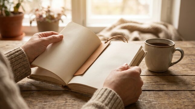 Hands opening blank journal with leather bookmark next to hot cup of tea on rustic wooden table