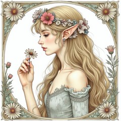 Obraz premium Mystical elf maiden with long blonde hair wears flower crown. Female holds daisy, smelling its scent. Delicate portrait with floral border, fantasy aesthetic art.