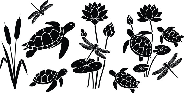 Black silhouette collection of turtles dragonflies and lotuses