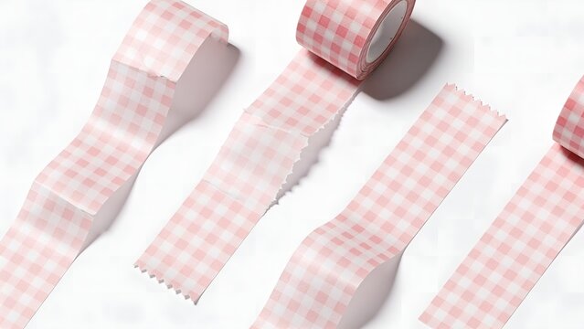Several rolls of decorative adhesive washi tape featuring a soft pink gingham check pattern displayed neatly on a clean white surface for creative craft projects