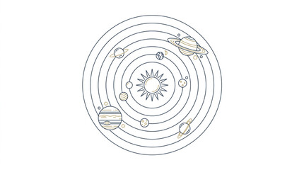 Stylized Solar System Diagram with Planets Orbiting Sun. © asta