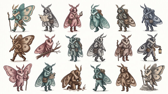 Set of whimsical moth characters dressed as adventurers and travelers